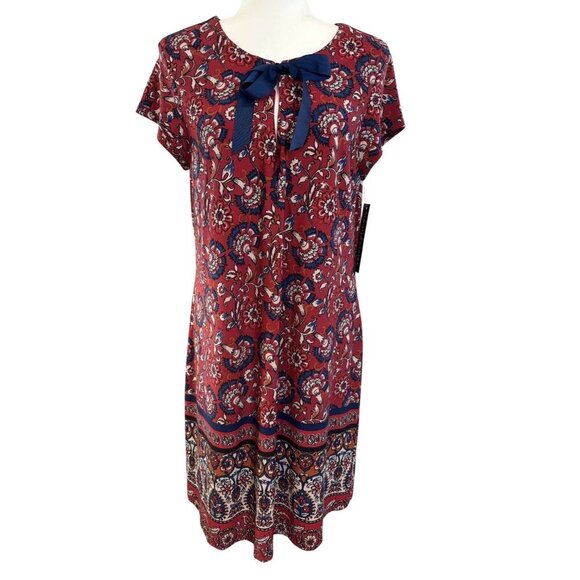 Womens Floral Print Y2K Dress Size 10 Short Sleeve Bow Tie Detail Boho Colorful - Picture 1 of 7